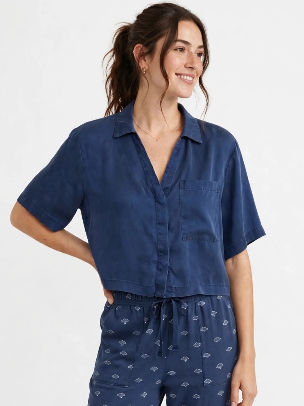Lunya S Navy Silk Short Sleeve Pajama Sleep Button Top